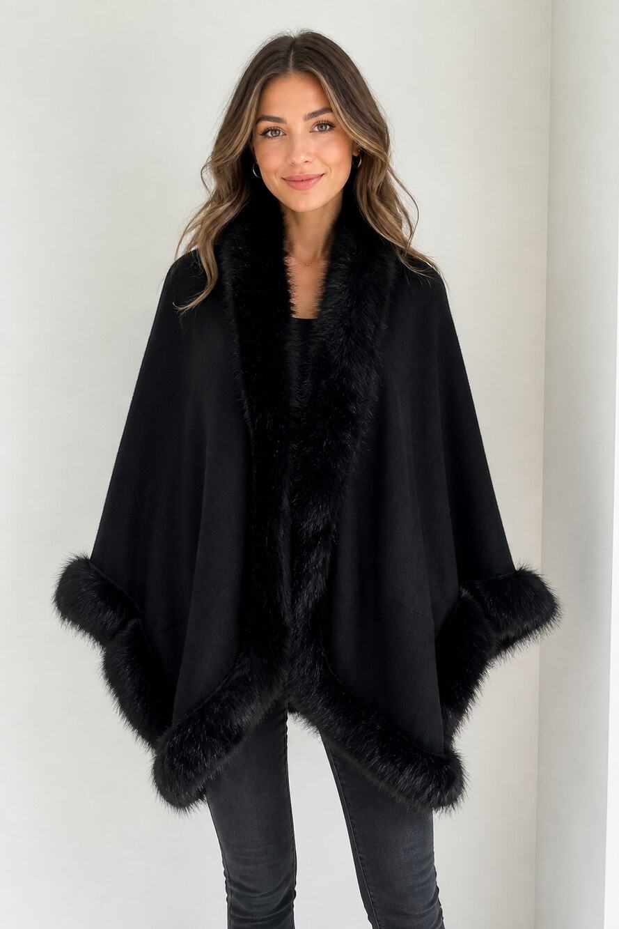 Sioni L/XL Black Faux Fur Trimmed Cape Poncho
